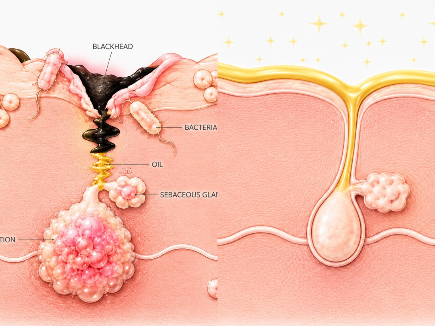 clogged pore and a clean pore