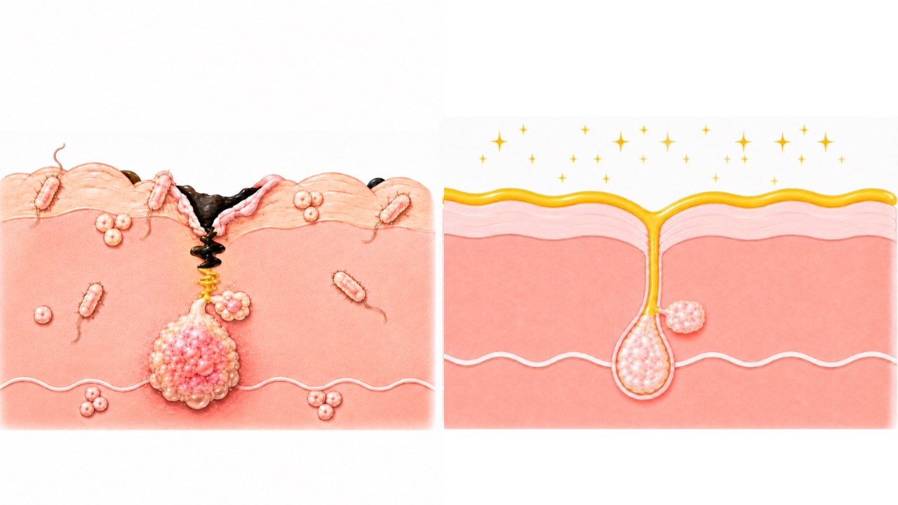 clogged pore and a clean pore