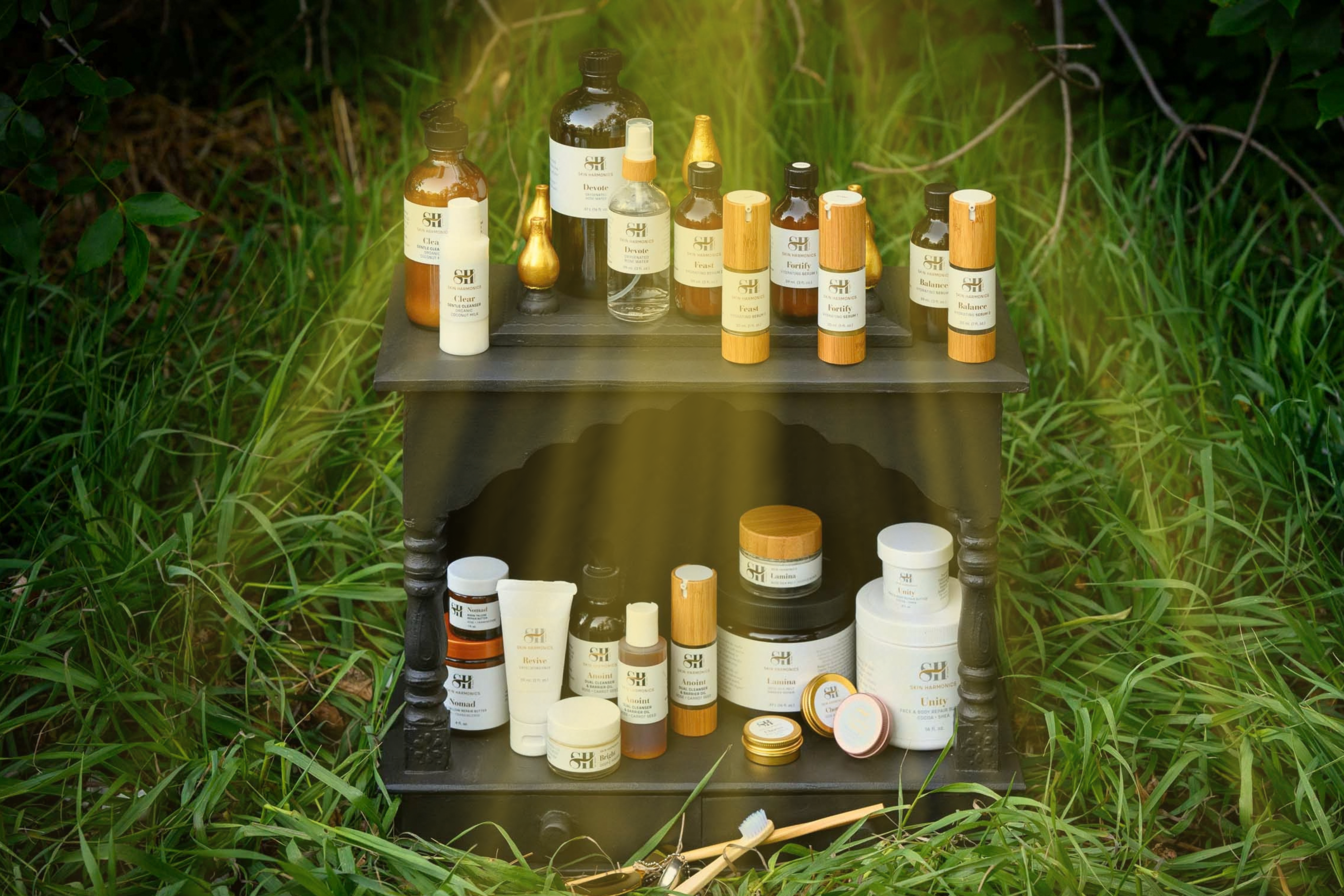 Skin Harmonics Fortify hydrating serum on a textured beige backdrop